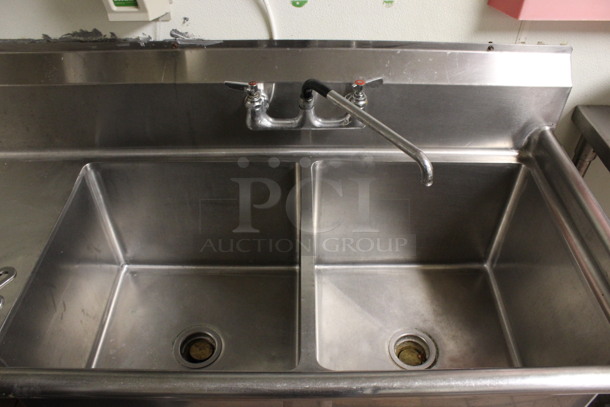 Stainless Steel Commercial 2 Bay Sink w/ Left Side Drainboard, Faucet and Handles. BUYER MUST REMOVE. 66.5x26.5x42. Bays 19x20x14. Drainboard 22x22x2. (kitchen) - Image 2 of 5