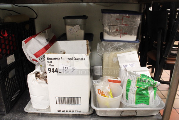 ALL ONE MONEY! Lot of 2 Metal Baking Pans Full of Various Items Including Tempura Batter Mix, Croutons and Corn Starch. (kitchen) - Image 1 of 6