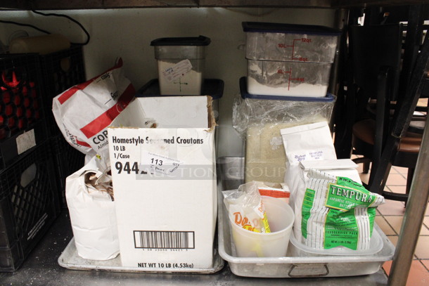 ALL ONE MONEY! Lot of 2 Metal Baking Pans Full of Various Items Including Tempura Batter Mix, Croutons and Corn Starch. (kitchen)