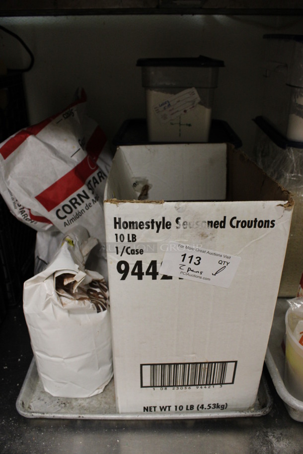 ALL ONE MONEY! Lot of 2 Metal Baking Pans Full of Various Items Including Tempura Batter Mix, Croutons and Corn Starch. (kitchen) - Image 3 of 6
