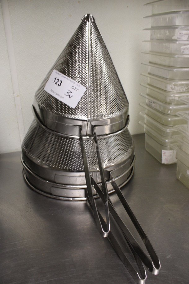 3 Various Stainless Steel China Cap Strainers. Includes 22x12x13, 19x9x10. 3 Times Your Bid! (kitchen)