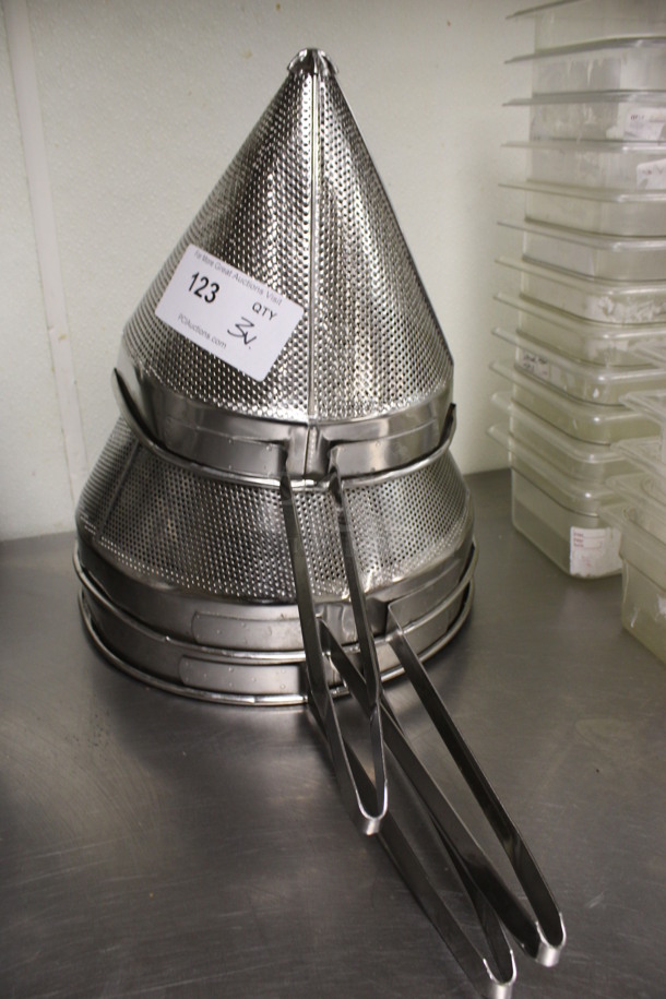 3 Various Stainless Steel China Cap Strainers. Includes 22x12x13, 19x9x10. 3 Times Your Bid! (kitchen) - Image 1 of 3