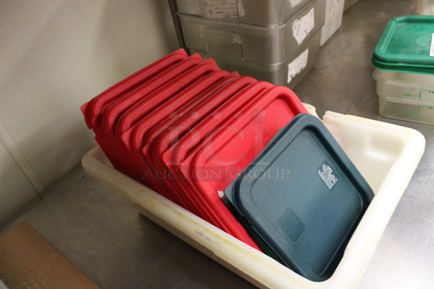 ALL ONE MONEY! Lot of 19 Various Lids in Poly Bin! Includes 9x9x1, 7x7x1. (kitchen) - Image 2 of 3