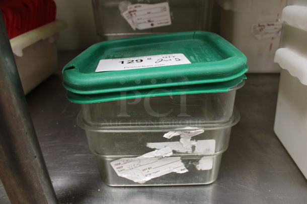 ALL ONE MONEY! Lot of 2 Clear Poly 2 Quart Bins w/ 2 Green Lids. 7x7x4. (kitchen)