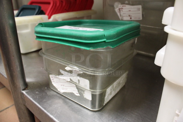 ALL ONE MONEY! Lot of 2 Clear Poly 2 Quart Bins w/ 2 Green Lids. 7x7x4. (kitchen) - Image 2 of 3