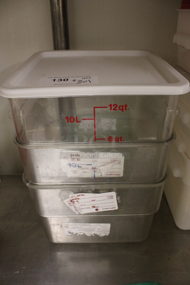 ALL ONE MONEY! Lot of 3 Clear Poly 12 Quart Bins w/ 1 White Lid. 11x11x8. (kitchen)