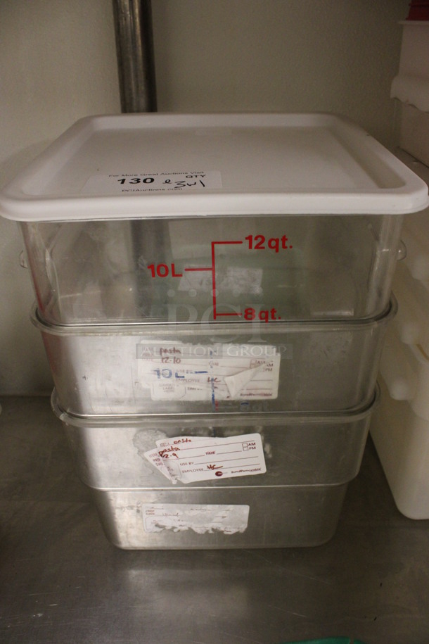 ALL ONE MONEY! Lot of 3 Clear Poly 12 Quart Bins w/ 1 White Lid. 11x11x8. (kitchen) - Image 1 of 3
