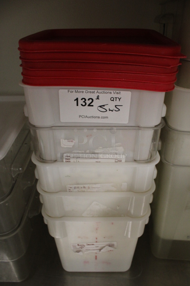 ALL ONE MONEY! Lot of 5 Poly Bins w/ 5 Red Lids. 9x9x9. (kitchen)