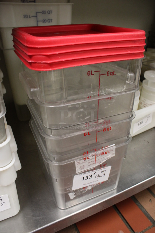 ALL ONE MONEY! Lot of 4 Poly 6 Quart Bins w/ 4 Red Lids. 9x9x7. (kitchen) - Image 2 of 3