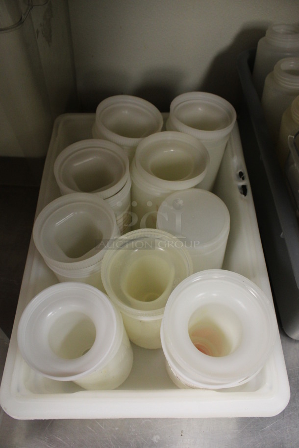 ALL ONE MONEY! Lot of Poly Containers w/ Pourer Attachment in Bin! 3.5x3.5x12. (kitchen) - Image 2 of 2