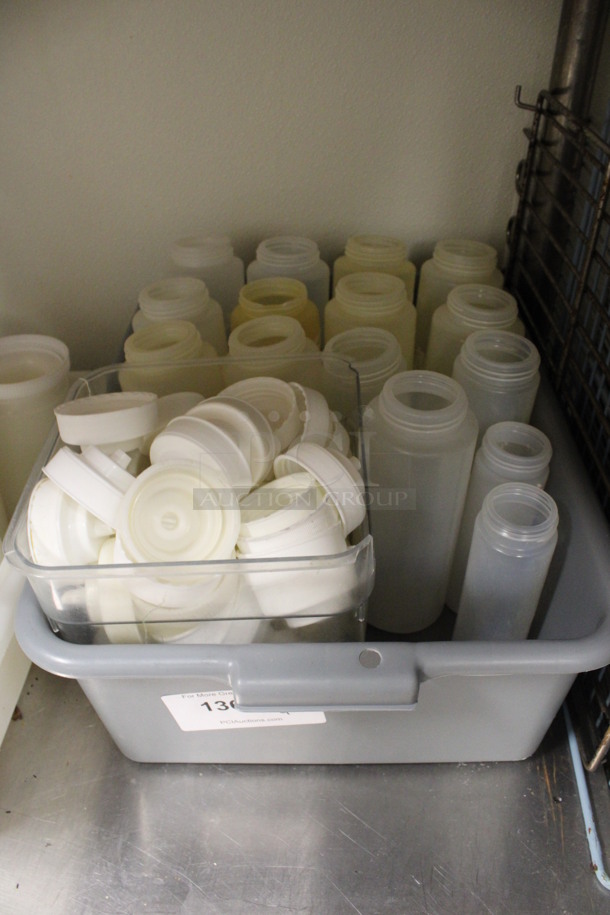 ALL ONE MONEY! Lot of Poly Condiment Containers in Gray Bus Bin. Includes 3x3x9. (kitchen)