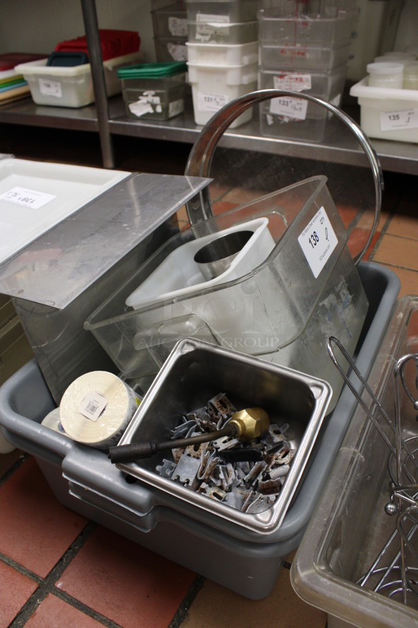 ALL ONE MONEY! Lot of Various Items Including Poly Bins and Metal Sifter in Gray Poly Bus Bin! (kitchen) - Image 2 of 3