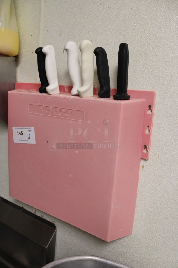 ALL ONE MONEY! Lot of 5 Various Stainless Steel Knives and Knife Sharpening Rod in Red Poly Wall Mount Knife Holder. BUYER MUST REMOVE. 20x3x16. (kitchen) - Image 3 of 6