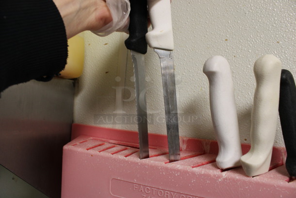 ALL ONE MONEY! Lot of 5 Various Stainless Steel Knives and Knife Sharpening Rod in Red Poly Wall Mount Knife Holder. BUYER MUST REMOVE. 20x3x16. (kitchen) - Image 4 of 6