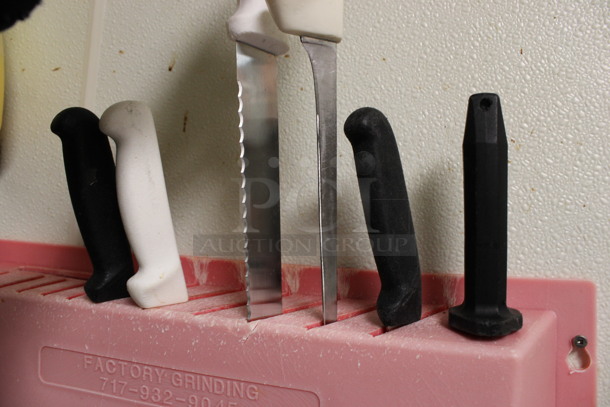 ALL ONE MONEY! Lot of 5 Various Stainless Steel Knives and Knife Sharpening Rod in Red Poly Wall Mount Knife Holder. BUYER MUST REMOVE. 20x3x16. (kitchen) - Image 5 of 6
