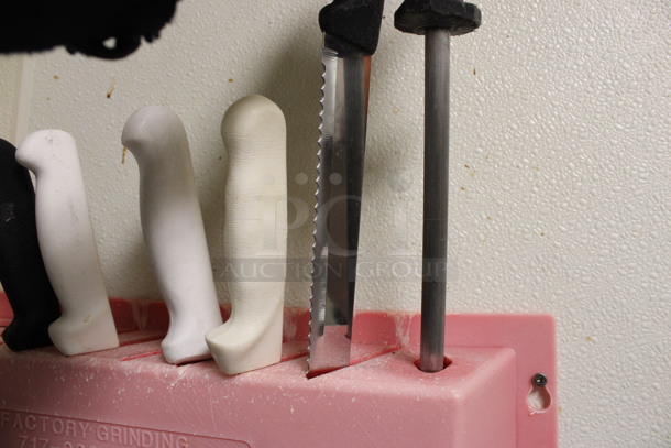 ALL ONE MONEY! Lot of 5 Various Stainless Steel Knives and Knife Sharpening Rod in Red Poly Wall Mount Knife Holder. BUYER MUST REMOVE. 20x3x16. (kitchen) - Image 6 of 6