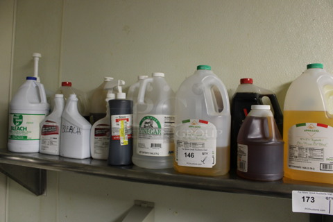 ALL ONE MONEY! Lot of Various Jugs of Bleach, Soy Sauce, Vinegar and Honey! (kitchen)