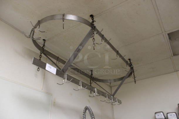 Metal Commercial Ceiling Mount Pan Rack w/ 16 Pot Rack Hooks. BUYER MUST REMOVE. 60x24x18. (kitchen)