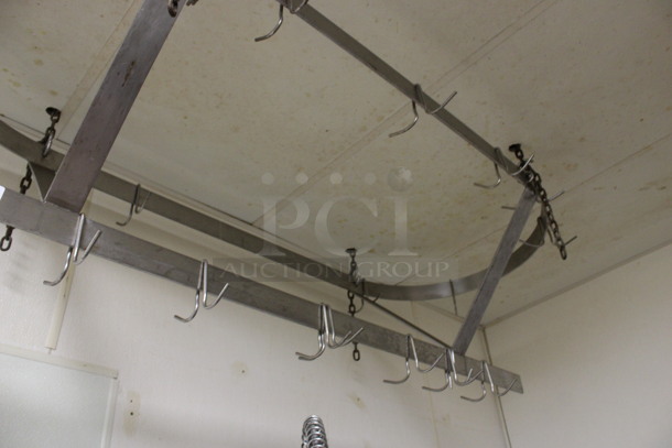 Metal Commercial Ceiling Mount Pan Rack w/ 16 Pot Rack Hooks. BUYER MUST REMOVE. 60x24x18. (kitchen) - Image 3 of 5