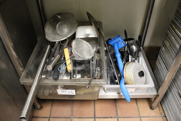 ALL ONE MONEY! Lot of 2 Bins of Various Utensils Including Strainer, Whisks and Tongs! (kitchen)