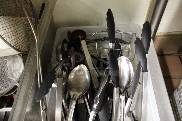 ALL ONE MONEY! Lot of 2 Bins of Various Utensils Including Strainer, Whisks and Tongs! (kitchen) - Image 6 of 7