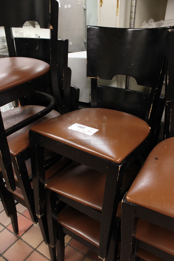 6 Black Wooden Dining Chairs w/ Brown Seat Cushion. Stock Picture - Cosmetic Condition May Vary. 16x16x32. 6 Times Your Bid! (kitchen) - Image 2 of 3