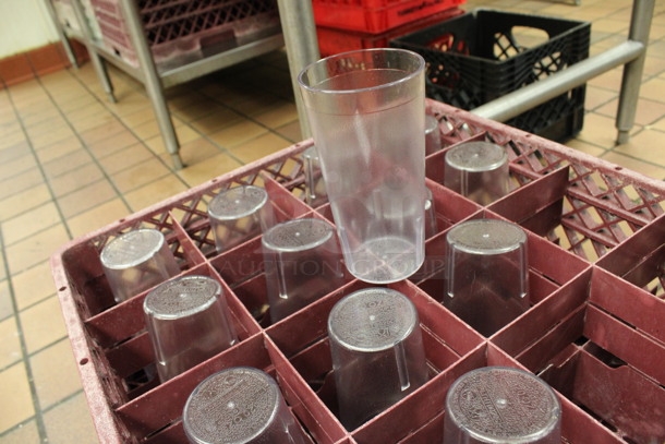 ALL ONE MONEY! Lot of 48 Clear Poly Beverage Tumblers in 2 Red Dish Caddies. 3.5x3.5x6.5. (kitchen) - Image 2 of 3