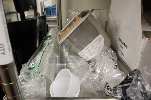 ALL ONE MONEY! Lot of Various Items Including Wooden Skewer and Plastic Lids in Stainless Steel Full Size Drop In Bin! (kitchen) - Image 1 of 3