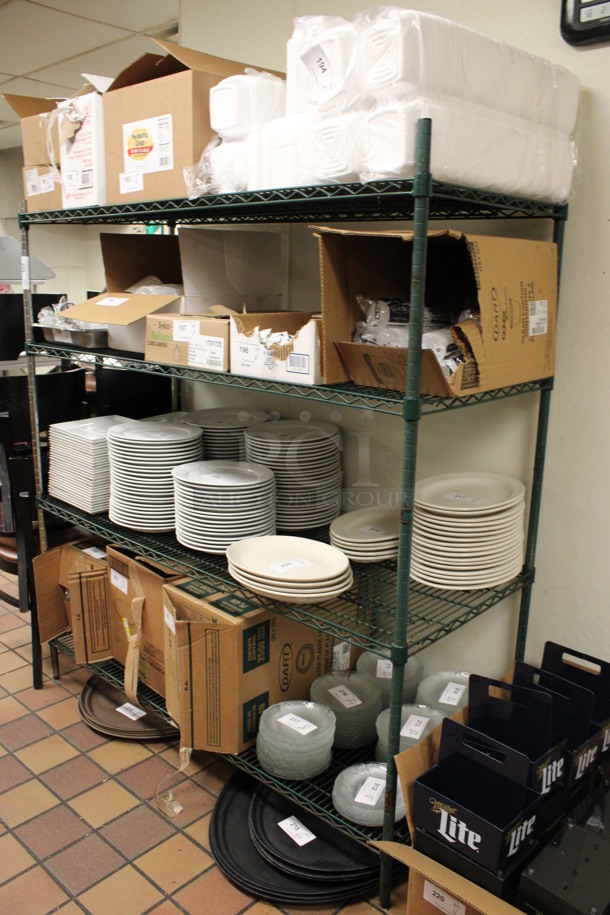 Green and Chrome Finish 4 Tier Shelving Unit. Does Not Come w/ Contents. BUYER MUST DISMANTLE. PCI CANNOT DISMANTLE FOR SHIPPING. PLEASE CONSIDER FREIGHT CHARGES. 60x24x65. (kitchen) - Image 2 of 5