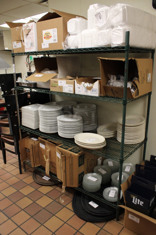 Green and Chrome Finish 4 Tier Shelving Unit. Does Not Come w/ Contents. BUYER MUST DISMANTLE. PCI CANNOT DISMANTLE FOR SHIPPING. PLEASE CONSIDER FREIGHT CHARGES. 60x24x65. (kitchen) - Image 3 of 5