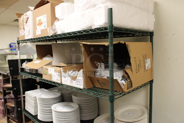 Green and Chrome Finish 4 Tier Shelving Unit. Does Not Come w/ Contents. BUYER MUST DISMANTLE. PCI CANNOT DISMANTLE FOR SHIPPING. PLEASE CONSIDER FREIGHT CHARGES. 60x24x65. (kitchen) - Image 4 of 5