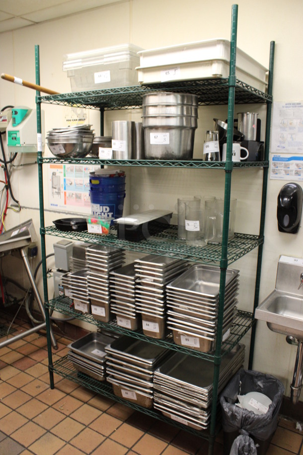 Green Finish 5 Tier Shelving Unit. Does Not Come w/ Contents. BUYER MUST DISMANTLE. PCI CANNOT DISMANTLE FOR SHIPPING. PLEASE CONSIDER FREIGHT CHARGES. 48x24x87. (kitchen) - Image 1 of 3