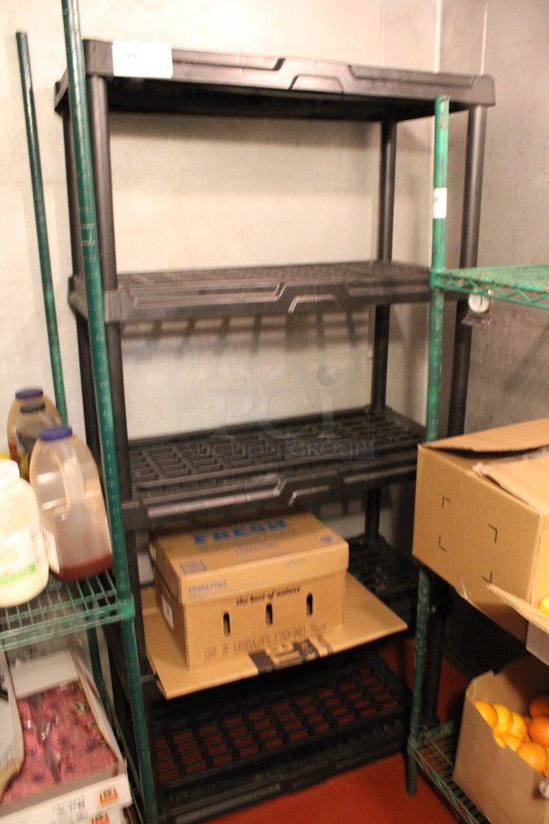 Black Poly 5 Tier Shelving Unit. Does Not Come w/ Contents. BUYER MUST DISMANTLE. PCI CANNOT DISMANTLE FOR SHIPPING. PLEASE CONSIDER FREIGHT CHARGES. 36x18x71. (kitchen) - Image 2 of 4