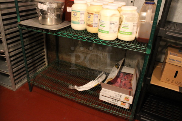 Green Finish 2 Tier Shelving Unit. Does Not Come w/ Contents. BUYER MUST DISMANTLE. PCI CANNOT DISMANTLE FOR SHIPPING. PLEASE CONSIDER FREIGHT CHARGES. 48x24x74. (kitchen) - Image 3 of 3