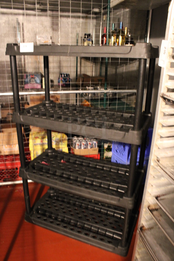 Black Poly 4 Tier Shelving Unit. Does Not Come w/ Contents. BUYER MUST DISMANTLE. PCI CANNOT DISMANTLE FOR SHIPPING. PLEASE CONSIDER FREIGHT CHARGES. 36x18x57. (kitchen) - Image 2 of 4