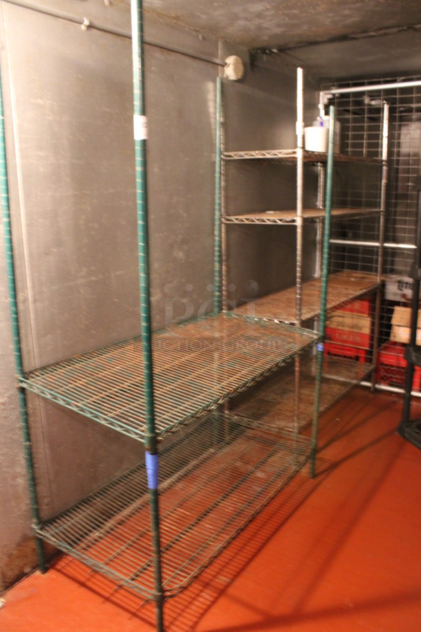 Green Finish 2 Tier Shelving Unit. Does Not Come w/ Contents. BUYER MUST DISMANTLE. PCI CANNOT DISMANTLE FOR SHIPPING. PLEASE CONSIDER FREIGHT CHARGES. 48x24x74. (kitchen) - Image 2 of 3