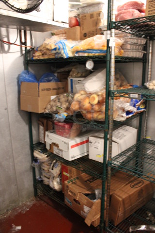 Green Finish 4 Tier Metro Style Shelving Unit. Does Not Include Contents. BUYER MUST DISMANTLE. PCI CANNOT DISMANTLE FOR SHIPPING. PLEASE CONSIDER FREIGHT CHARGES. 36x24x75. (kitchen)