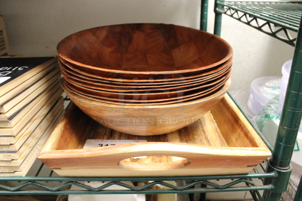 ALL ONE MONEY! Lot of 10 Items; 9 Wood Pattern Bowls and Wooden Tray. 12x12x3. (kitchen)