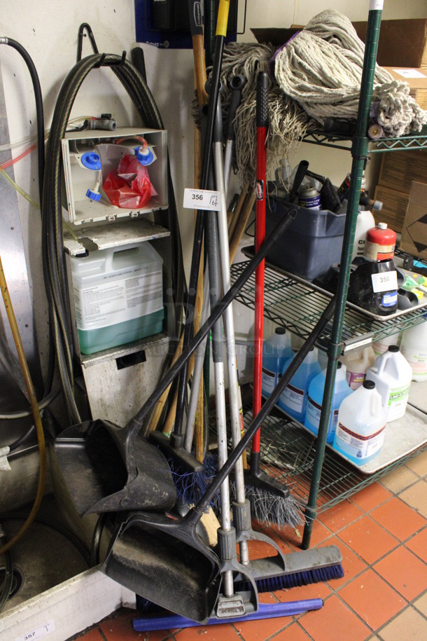 ALL ONE MONEY! Lot of Various Cleaning Instruments Including Squeegee, Dust Pan, Mops and Brooms! (kitchen)