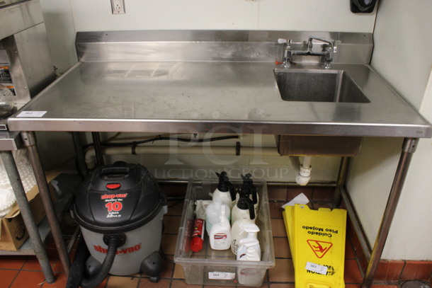 Stainless Steel Commercial Table w/ Sink Basin, Faucet and Handles. BUYER MUST REMOVE.  60x30x43. Bay 14x16x10.(drink kitchen)