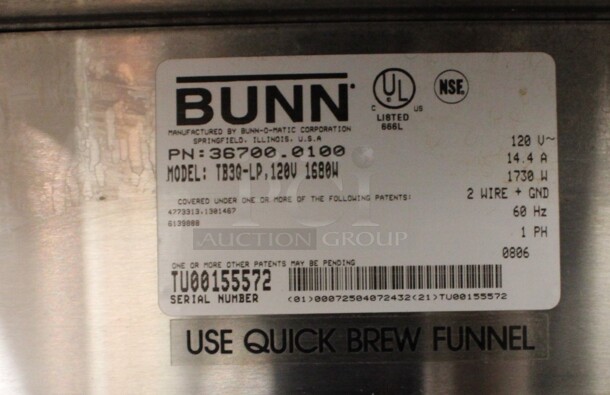 Bunn Model TB3Q-LP Stainless Steel Commercial Countertop Iced Tea Machine w/ Beverage Holder and Poly Brew Basket. 120 Volts, 1 Phase. 12x22x25. (drink kitchen) - Image 4 of 4