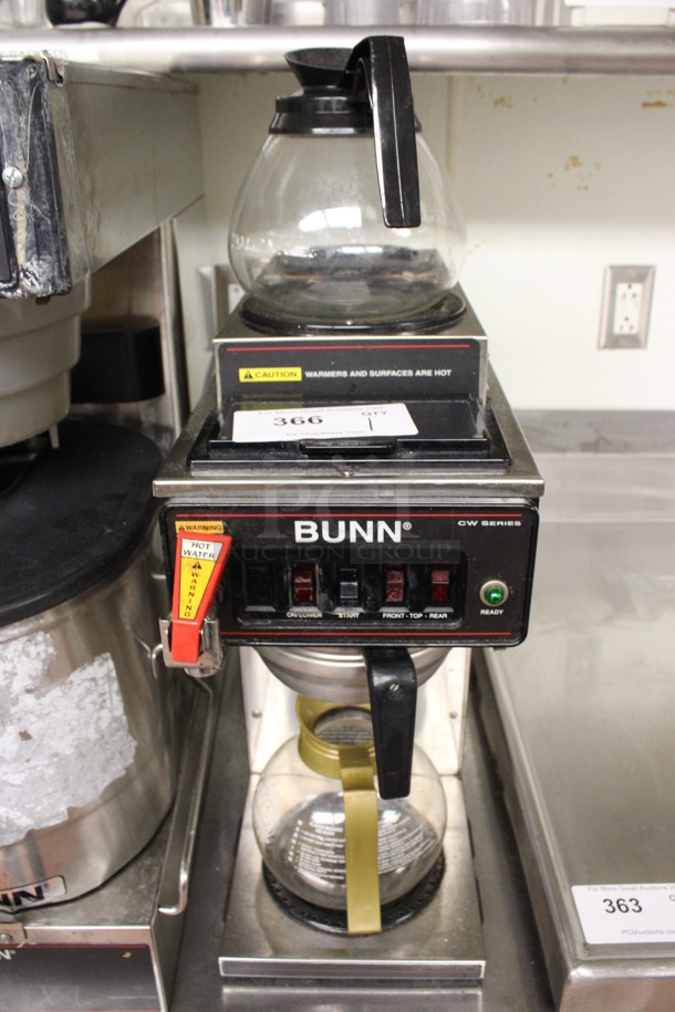 2010 Bunn Model CWTF-DV Stainless Steel Commercial Countertop 2 Burner Coffee Machine w/ Hot Water Dispenser Metal Brew Basket and 2 Coffee Pots. 120 Volts, 1 Phase. 8x21x19. (drink kitchen) - Image 1 of 6
