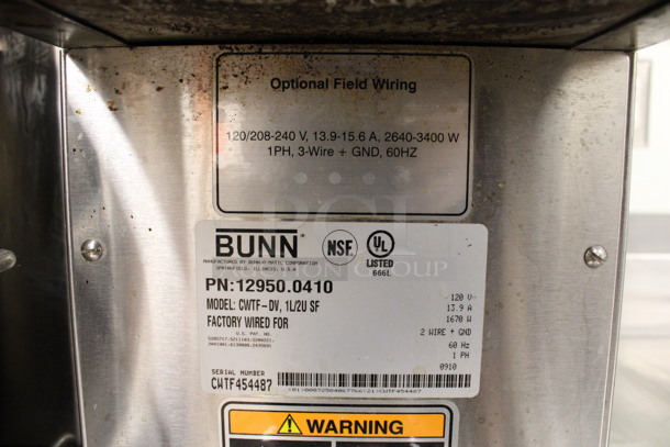 2010 Bunn Model CWTF-DV Stainless Steel Commercial Countertop 2 Burner Coffee Machine w/ Hot Water Dispenser Metal Brew Basket and 2 Coffee Pots. 120 Volts, 1 Phase. 8x21x19. (drink kitchen) - Image 6 of 6