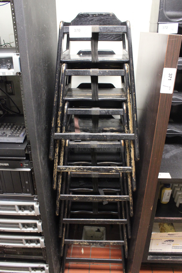 6 Black Wooden High Chairs. 19x20x32. 6 Times Your Bid! (drink kitchen)