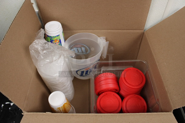 ALL ONE MONEY! Lot of Various Items Including Red Plastic Lids! (drink kitchen) - Image 1 of 2