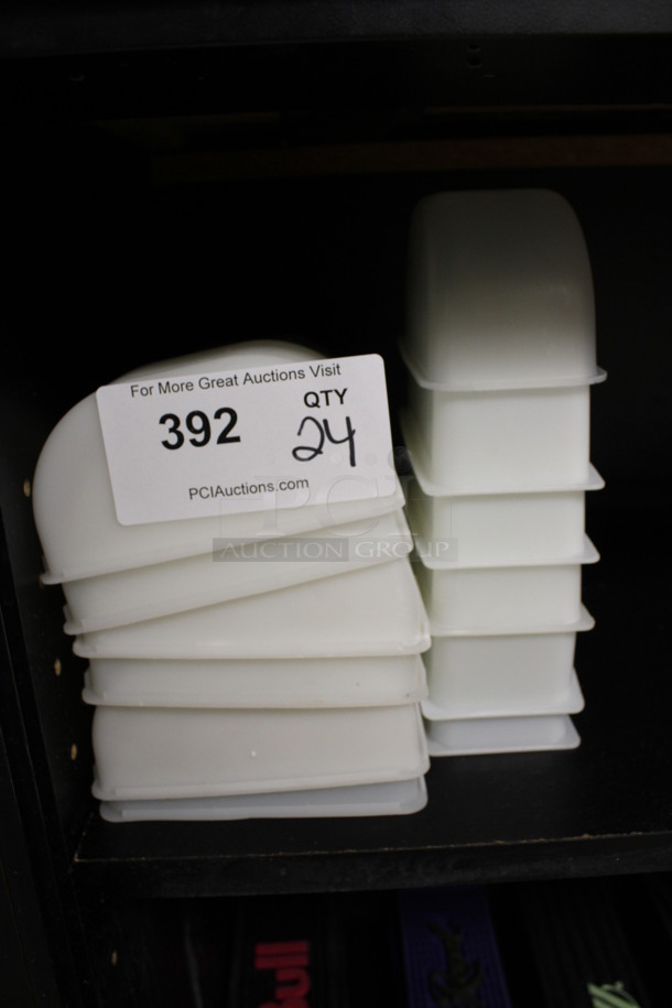 ALL ONE MONEY! Lot of 24 White Poly Bar Topping Rail Drop Ins! 5.5x3x3. (drink kitchen)