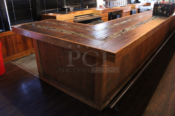 Wooden L Shaped Bar w/ Metal Foot Rail. Contents Are Not Included. BUYER MUST REMOVE. 47'x6'x3.5'. (bar) - Image 2 of 9