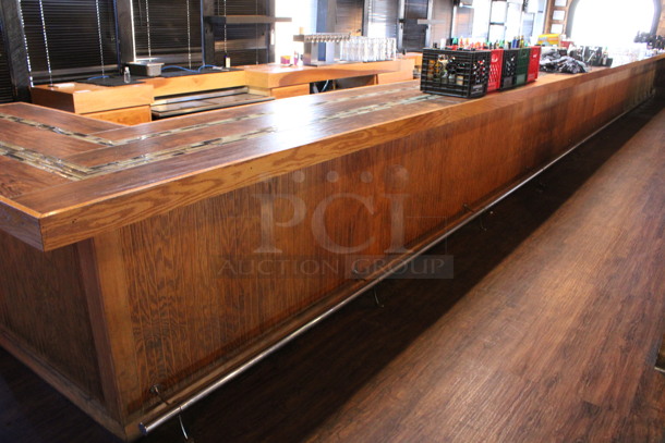 Wooden L Shaped Bar w/ Metal Foot Rail. Contents Are Not Included. BUYER MUST REMOVE. 47'x6'x3.5'. (bar) - Image 3 of 9