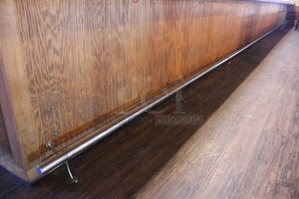 Wooden L Shaped Bar w/ Metal Foot Rail. Contents Are Not Included. BUYER MUST REMOVE. 47'x6'x3.5'. (bar) - Image 4 of 9