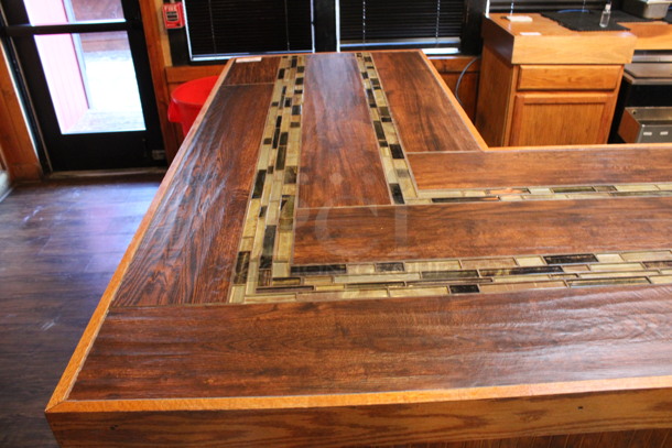 Wooden L Shaped Bar w/ Metal Foot Rail. Contents Are Not Included. BUYER MUST REMOVE. 47'x6'x3.5'. (bar) - Image 5 of 9